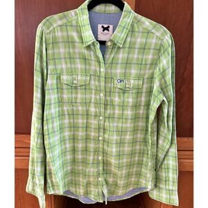Gilly Hicks Ladies Lime Green Soft Plaid Button Down Large Blue Gingham Inside